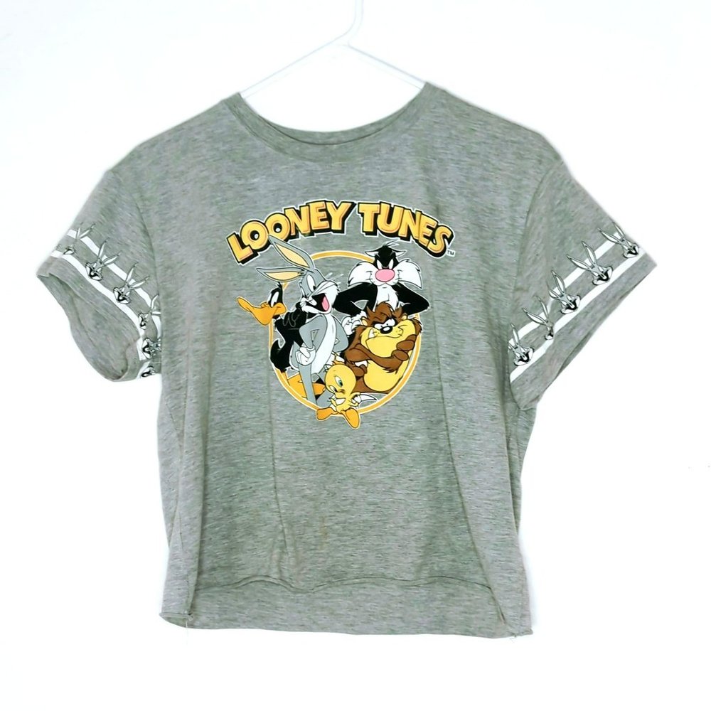 Looney Tunes Gray Cropped Graphic Shirt Women Large Bugs Bunny Taz
